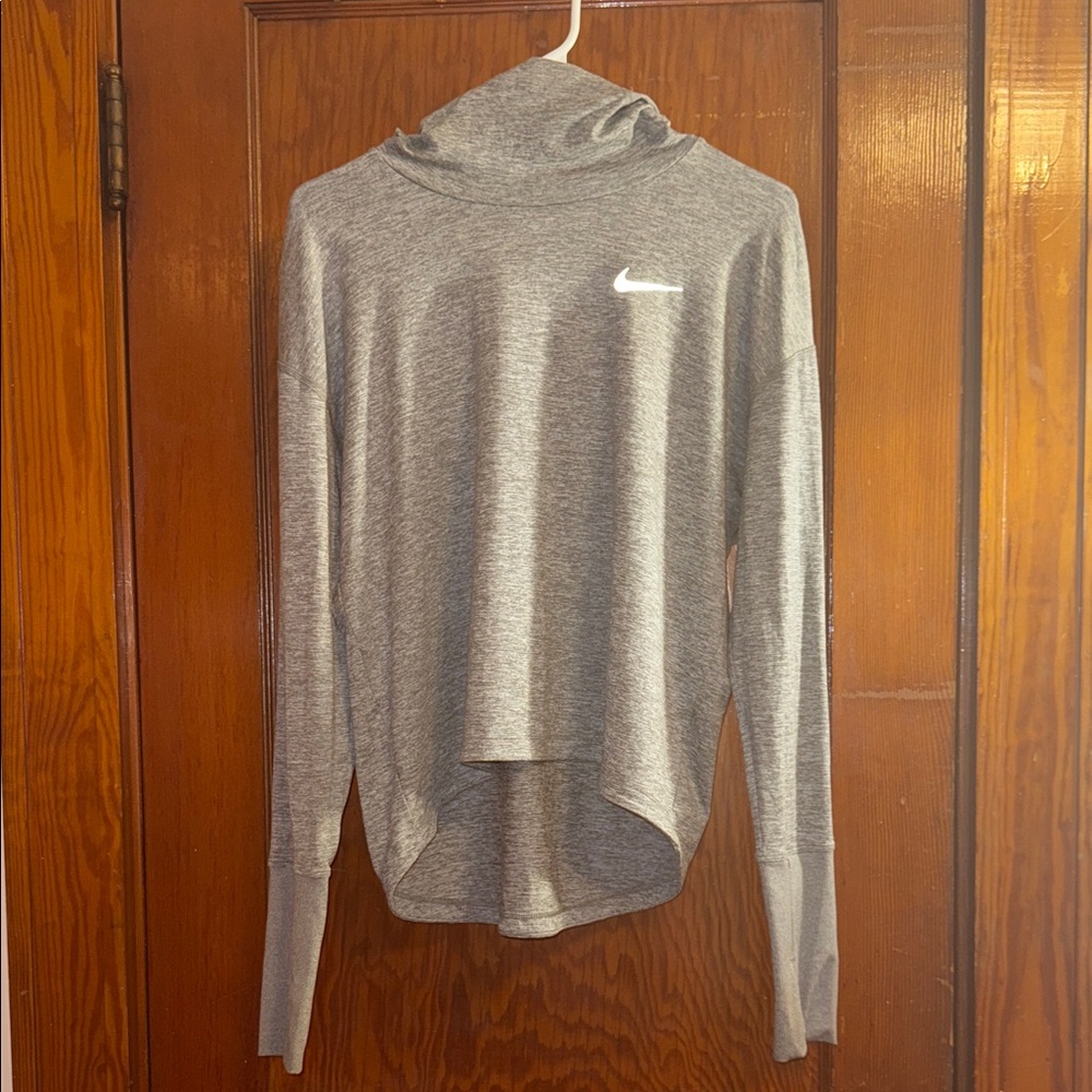 Nike Running Heather Gray Cow Neck Hoodie with White Swoosh and Thumb‎ Cutouts